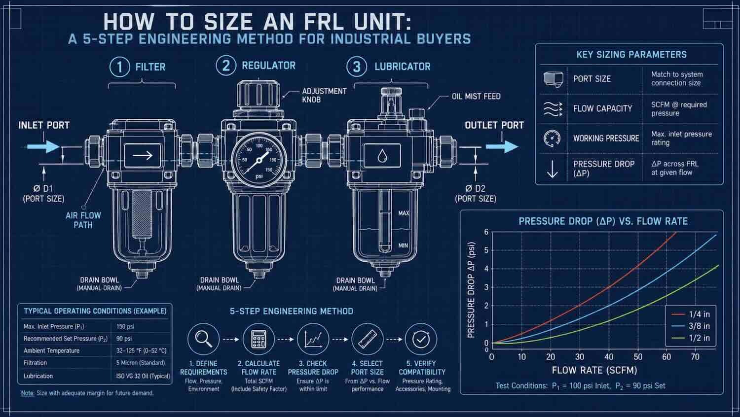 Engineering diagram showing pneumatic FRL sizing parameters including air flow path, port dimensions, and pressure drop curves