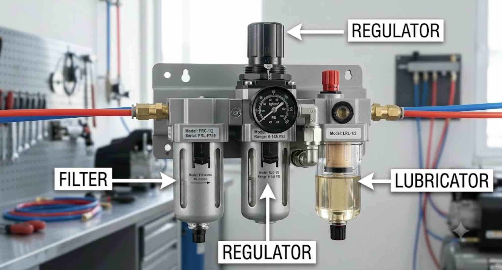 An FRL (filter, regulator, lubricator) cleans, controls, and lubricates compressed air before it reaches pneumatic tools. Learn how each stage works and which FRL fits your shop