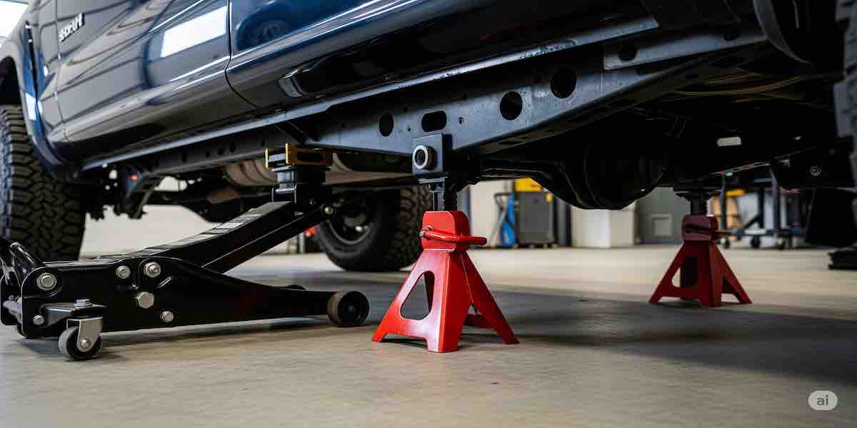 heavy-duty jack stands correctly positioned under the reinforced frame points of a vehicle,