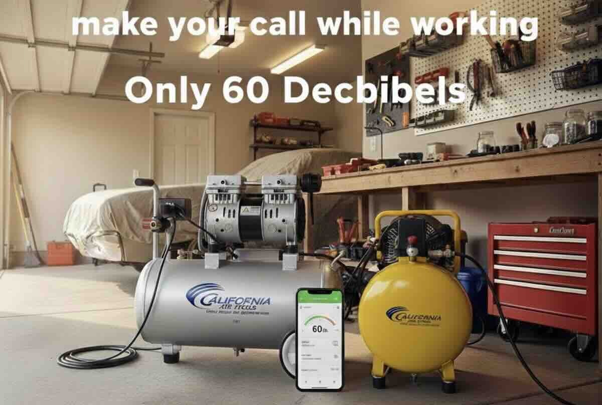 Decibel meter reading 60dB on a California Air Tools quiet compressor vs 90dB on standard unit.