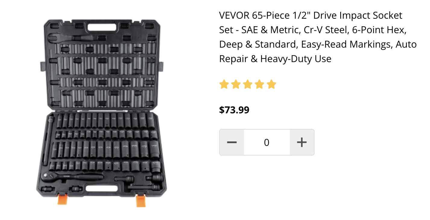 Vevor 69 Pce socket set buy now