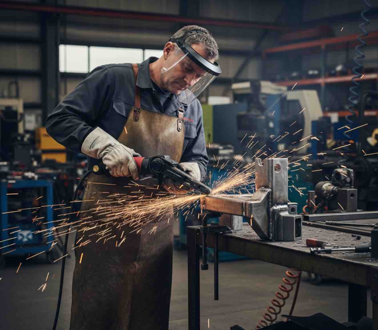 Shinano SI-2740 belt sander in industrial setting showing metal grinding and weld removal application