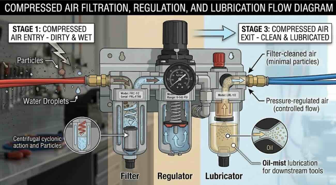what does FRL stand for, what does an FRL do, filter regulator lubricator explained, FRL meaning, FRL components, how an FRL works, FRL in pneumatic system, FRL unit, do I need an FRL, FRL vs filter regulator
